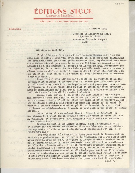 [Carta] 1946 janv. 11, París [al] Ministro de Chile, París