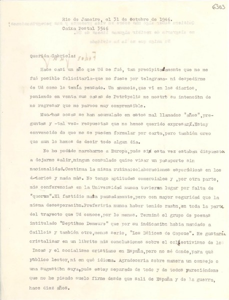 [Carta] 1946 oct. 31, Río de Janeiro [a] Gabriela Mistral