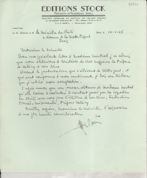 [Carta] 1946 janv. 14, París [al] Ministro de Chile, París