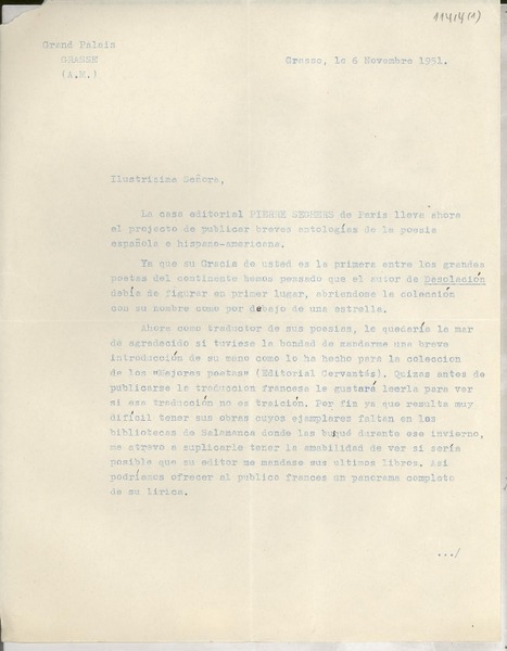 [Carta] 1951 nov. 6, Grasse, [France] [a] [Gabriela Mistral]