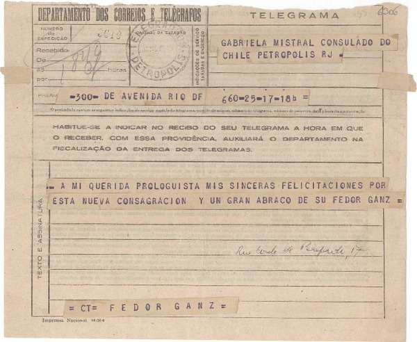 [Telegrama] 1945 nov. 17, Río de Janeiro [a] Gabriela Mistral, Petrópolis