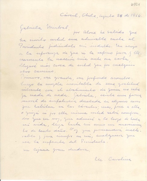 [Carta] 1956 ago. 28, Cárcel, Chile [a] Gabriela Mistral