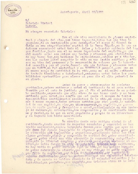 [Carta] 1932 abr. 25, Antofagasta, [Chile] [a] Gabriela Mistral, Madrid