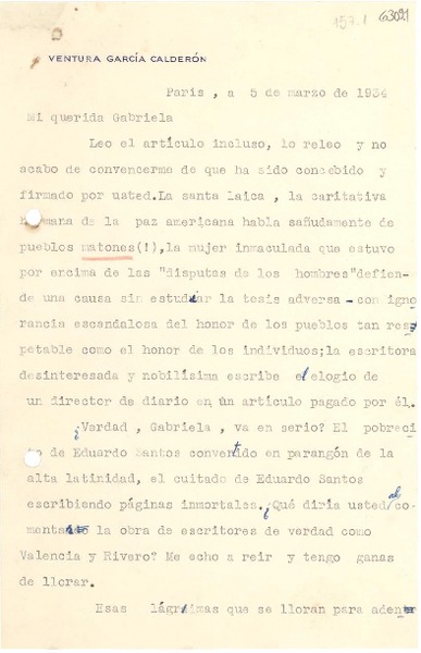 [Carta] 1934 mar. 5, París [a] Gabriela Mistral