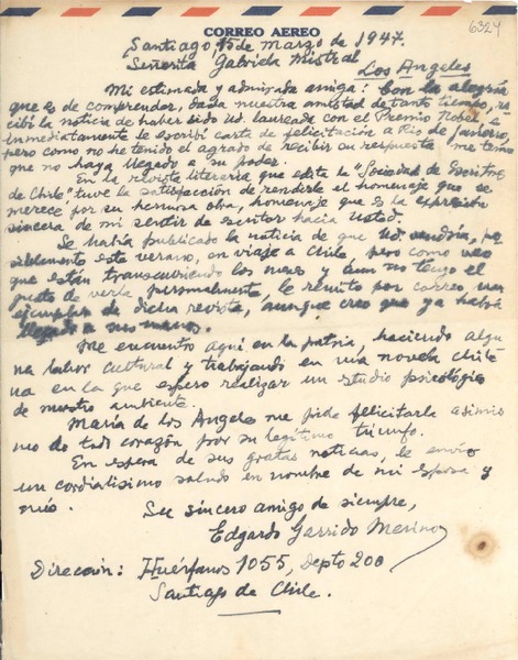 [Carta] 1947 mar. 15, Santiago, [Chile] [a] Gabriela Mistral, Los Angeles