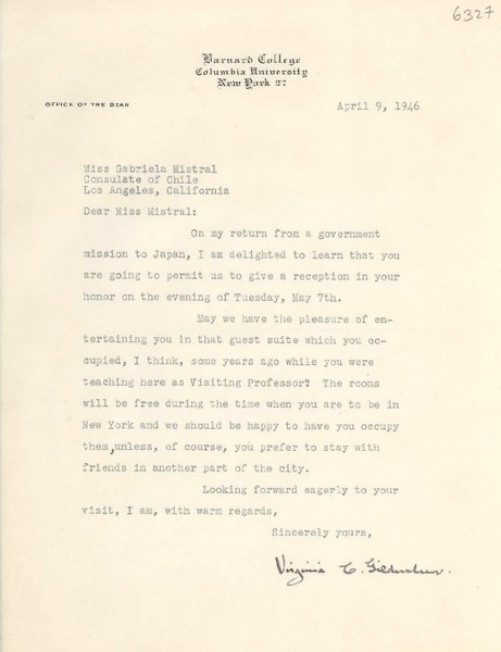 [Carta] 1946 abr. 9, New York, [EE. UU.] [a] Gabriela Mistral, Los Angeles, California, [EE.UU.]