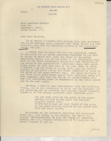 [Carta] 1946 Mar. 6, [Londres], [England] [a] Gabriela Mistral, Claridge's Hotel, [England?]