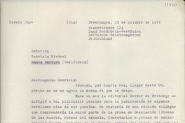 [Carta] 1947 oct. 15, Beverungen, Land Nordrhein-Westfalen, Britische Besatzungszone, Deutschland [a] Señorita Gabriela Mistral, Santa Barbara, California, [EE.UU.]