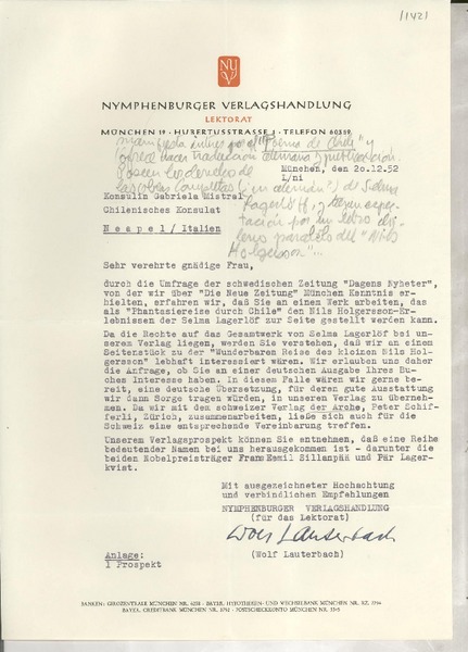 [Carta] 1947 Dez. 20, München, [Deutschland] [a] Konsulin Gabriela Mistral, Chilenisches Konsulat, Neapel, Italien
