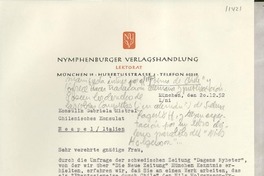 [Carta] 1947 Dez. 20, München, [Deutschland] [a] Konsulin Gabriela Mistral, Chilenisches Konsulat, Neapel, Italien