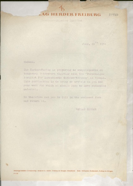 [Carta] 1956 June 22, [Deutschland] [a] Madame [Gabriela Mistral]