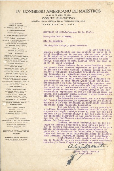 [Carta] 1943 feb. 10, Santiago de Chile [a] Gabriela Mistral, Río de Janeiro
