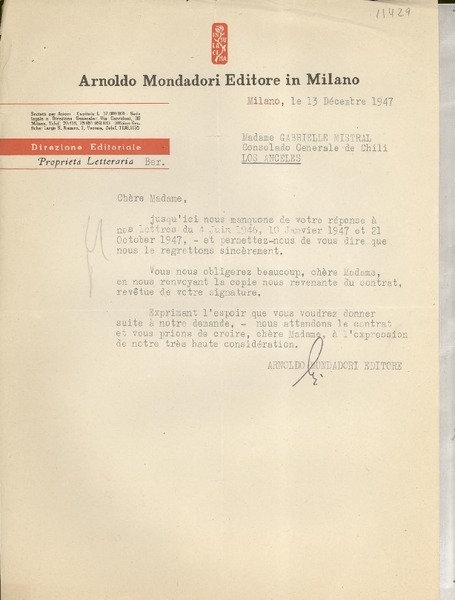 [Carta] 1947 déc. 13, Milano, [Italia] [a] Chere Madame Gabrielle [i.e. Gabriela] Mistral, Consolado Generale de Chili, Los Angeles