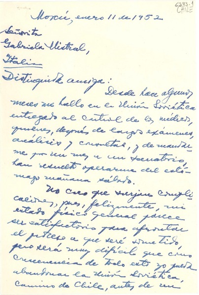 [Carta] 1952 ene. 11, Moscú [a] Gabriela Mistral, Italia