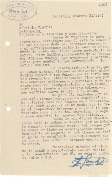 [Carta] 1945 feb. 12, Santiago, [Chile] [a] Gabriela Mistral, Petrópolis