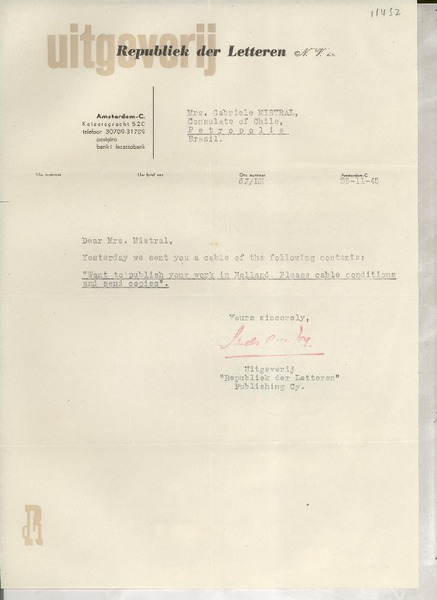 [Carta] 1945 Nov. 28, Amsterdam, [Holanda] [a] Mrs. Gabriela Mistral Consulate of Chile, Petropolis, Brazil
