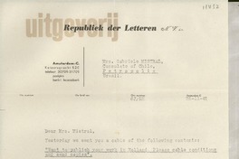 [Carta] 1945 Nov. 28, Amsterdam, [Holanda] [a] Mrs. Gabriela Mistral Consulate of Chile, Petropolis, Brazil