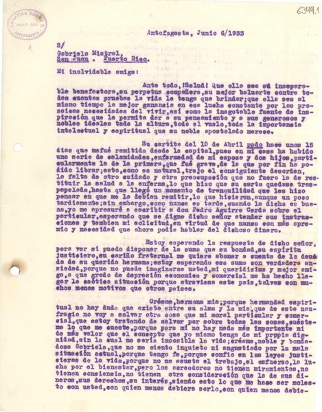 [Carta] 1933 jun. 6, Antofagasta [a] Gabriela Mistral, San Juan, Puerto Rico