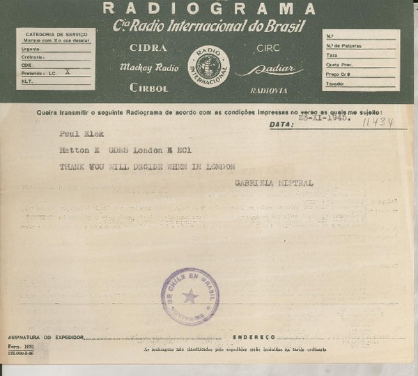 [Telegrama] 1945 Nov. 23, [Brasil] [a] Paul Elek, London
