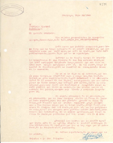 [Carta] 1945 mayo 30, Santiago, [Chile] [a] Gabriela Mistral, Petrópolis, [Brasil]