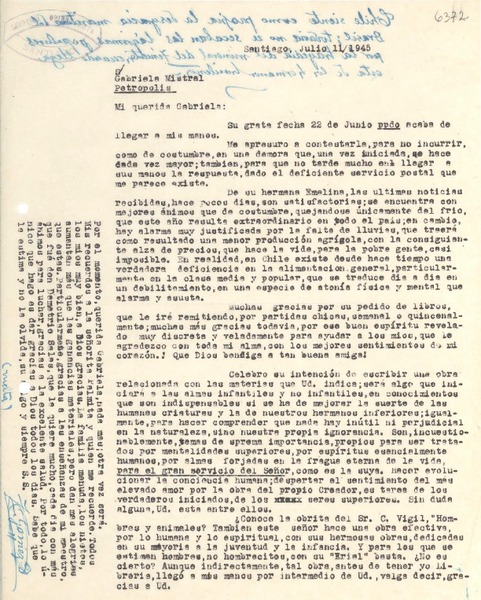 [Carta] 1945 jul. 11, Santiago, [Chile] [a] Gabriela Mistral, Petrópolis