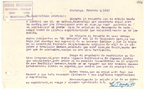 [Carta] 1943 feb. 6, Santiago [a] Gabriela Mistral