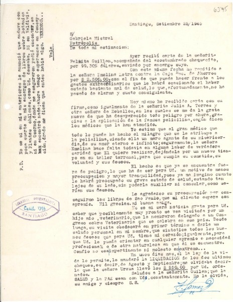 [Carta] 1945 sept. 25, Santiago, [Chile] [a] Gabriela Mistral, Petrópolis