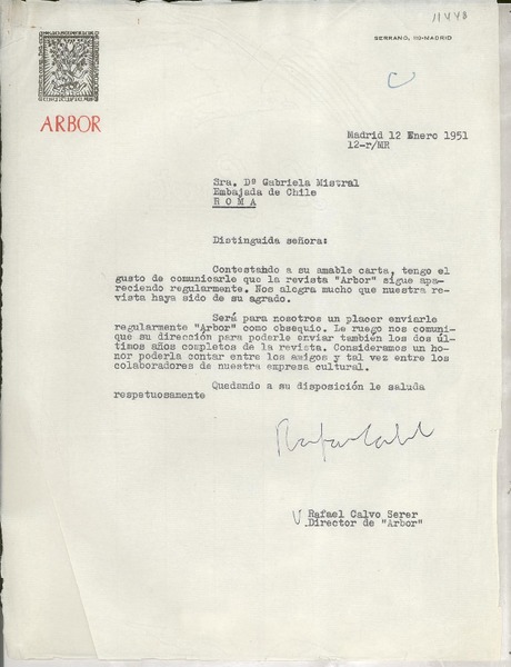 [Carta] 1951 ene. 12, Madrid, [España] [a la] Sra. Da. Gabriela Mistral, Embajada de Chile, Roma, [Italia]