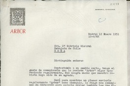 [Carta] 1951 ene. 12, Madrid, [España] [a la] Sra. Da. Gabriela Mistral, Embajada de Chile, Roma, [Italia]