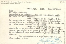 [Tarjeta postal] 1945 sept. 26, Santiago, Chile [a] Palmita Guillén, Rio de Janeiro, Brasil