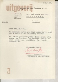 [Carta] 1945 Dec. 21, Amsterdam, [Holanda] [a] Mrs. Gabriela Mistral, Stockholm