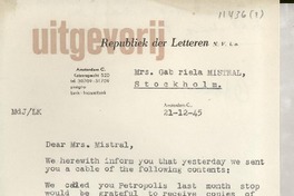 [Carta] 1945 Dec. 21, Amsterdam, [Holanda] [a] Mrs. Gabriela Mistral, Stockholm