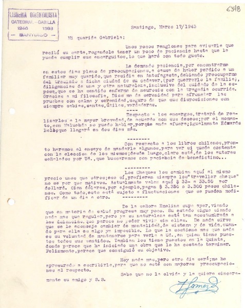 [Carta] 1943 mar. 17, Santiago [a] Gabriela Mistral