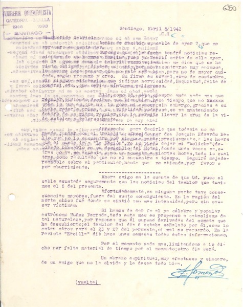 [Carta] 1943 abr. 8, Santiago [a] Gabriela Mistral