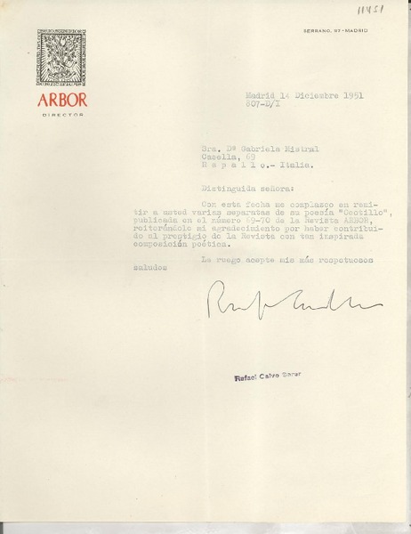 [Carta] 1951 dic. 14, Madrid, [España] [a la] Sra. Da. Gabriela Mistral, Rapallo, Italia