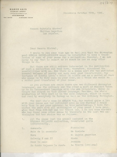 [Carta] 1946 Oct. 16, Stockholm, [Suecia] [a] Senora Gabriela Mistral Chilian Legation, Los Angeles
