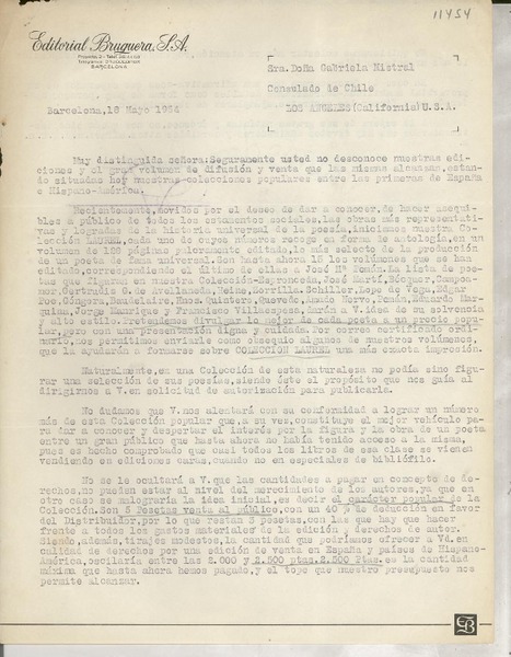 [Carta] 1954 mayo 18, Barcelona, [España] [a la] Sra. Doña Gabriela Mistral, Consulado de Chile, Los Angeles, California, [EE.UU.]