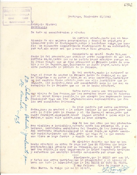 [Carta] 1943 dic. 21, Santiago [a] Gabriela Mistral, Petrópolis
