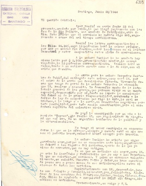 [Carta] 1944 jun. 28, Santiago [a] Gabriela Mistral