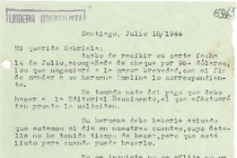 [Carta] 1946 mayo 9, Santiago [a] Gabriela Mistral, Los Ángeles, California