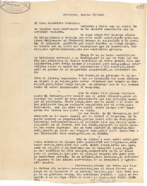 [Carta] 1947 ago. 27, Santiago [a] Gabriela Mistral
