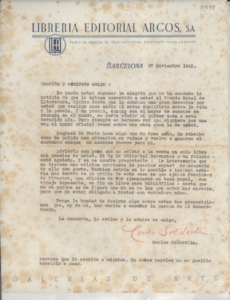 [Carta] 1945 nov. 27, Barcelona, [España] [a] Querida y admirada amiga, [Gabriela Mistral]