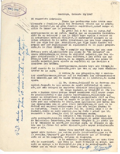 [Carta] 1947 oct. 23, Santiago [a] Gabriela Mistral