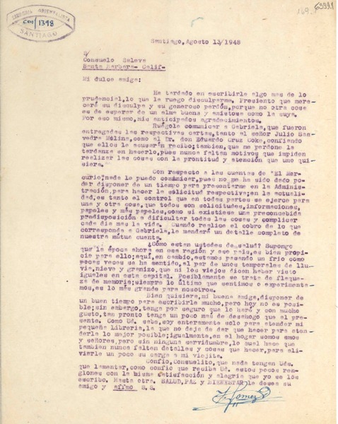 [Carta] 1948 ago. 13, Santiago [a] Consuelo Saleva, Santa Bárbara