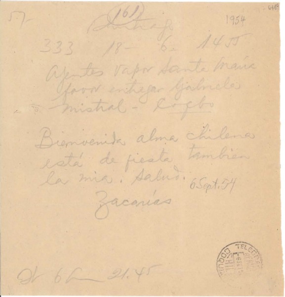 [Carta] 1954 sept. 6, Santiago, [Chile] [a] Gabriela Mistral, abordo del Vapor Santa María