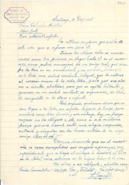 [Carta] 1954 dic. 31, Santiago, [Chile] [a] Gabriela Mistral, New York