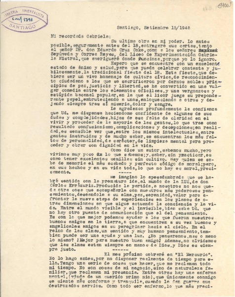 [Carta] 1948 sept. 15, Santiago [a] Gabriela Mistral