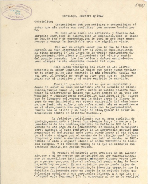 [Carta] 1949 feb. 2, Santiago [a] Gabriela Mistral