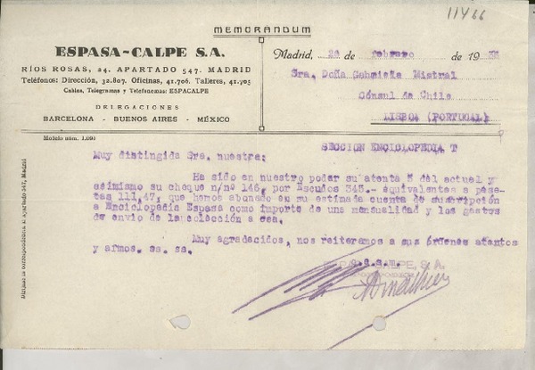 Memorándum 1936 feb. 26, Madrid, [España] [a la] Sra. Doña Gabriela Mistral, Cónsul de Chile, Lisboa, Portugal