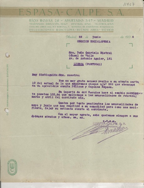 [Carta] 1936 jun. 22, Madrid, [España] [a la] Sra. Doña Gabriela Mistral, Cónsul de Chile, Lisboa, Portugal